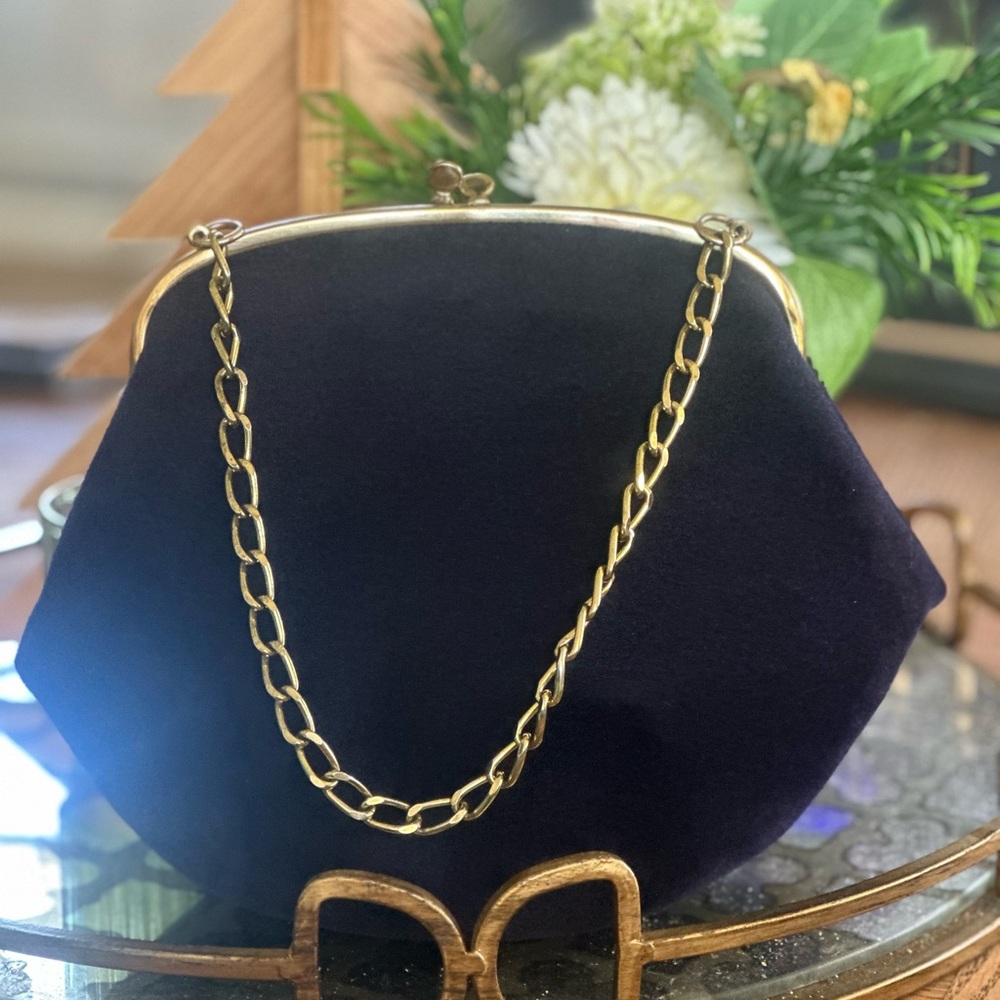 Vintage Ingber Blue Purple Velvet Gold Kiss Lock Foldover Clutch Velour Handbag